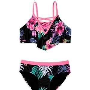 Justice Girls 2 Piece Flounce Laced Top Bikini Swimsuit Black
